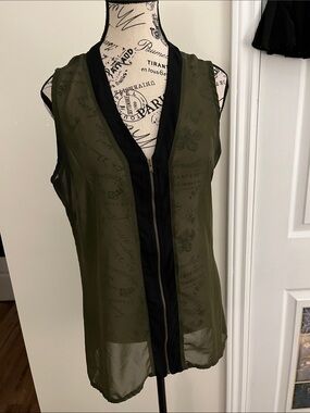 Sheer Olive Green Zip-Front Camisole with Black Trim